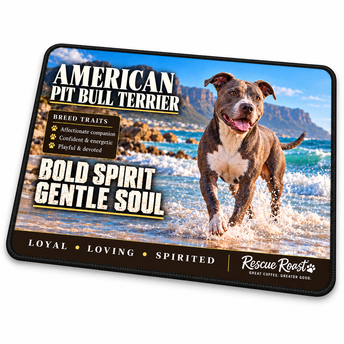 Rescue Roast® American Pit Bull Terrier mousepad: Blue American Pit Bull Terrier splashing through turquoise surf, with the words “Bold Spirit, Gentle Soul”