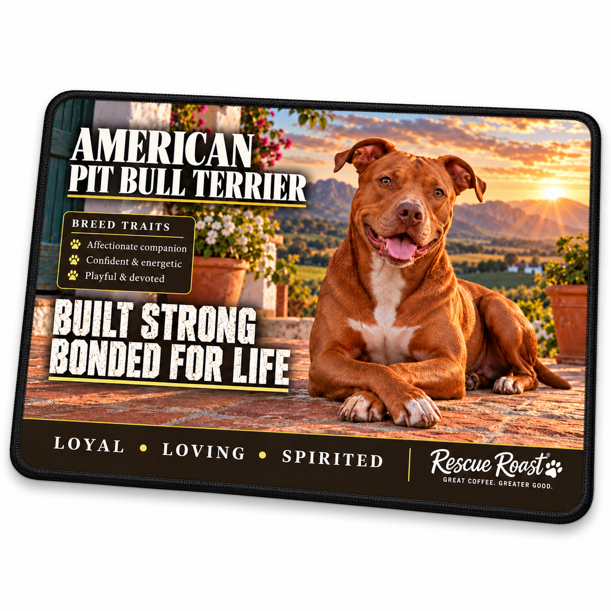 Rescue Roast® American Pit Bull Terrier mousepad: Red American Pit Bull Terrier resting on a flower-lined stoep at sunset, with the words “Built Strong, Bonded for Life”