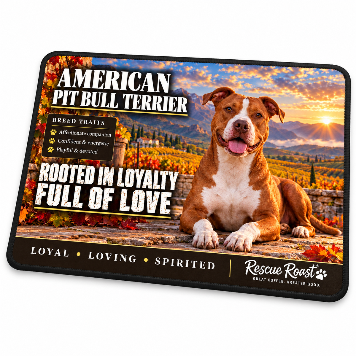 Rescue Roast® American Pit Bull Terrier mousepad: Red-and-white American Pit Bull Terrier resting above an autumn vineyard valley, with the words “Rooted in Loyalty, Full of Love”