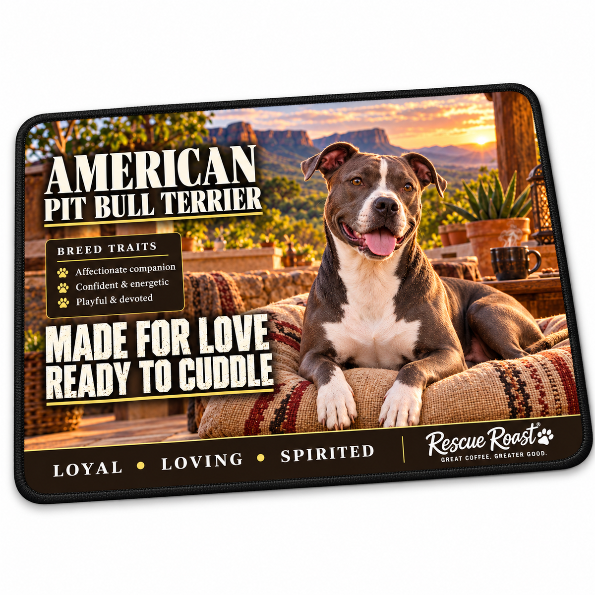 Rescue Roast® American Pit Bull Terrier mousepad: Blue-and-white American Pit Bull Terrier relaxing on a cushioned veranda beside a coffee mug, with the words “Made for Love, Ready to Cuddle”