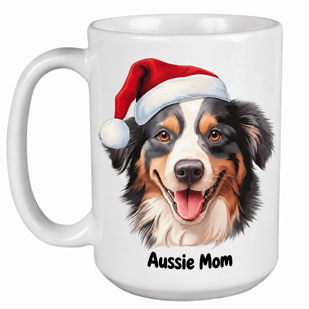 White Rescue Roast® 450ml Christmas mug with an Australian Shepherd wearing a Santa hat and the wording "Aussie Mom"