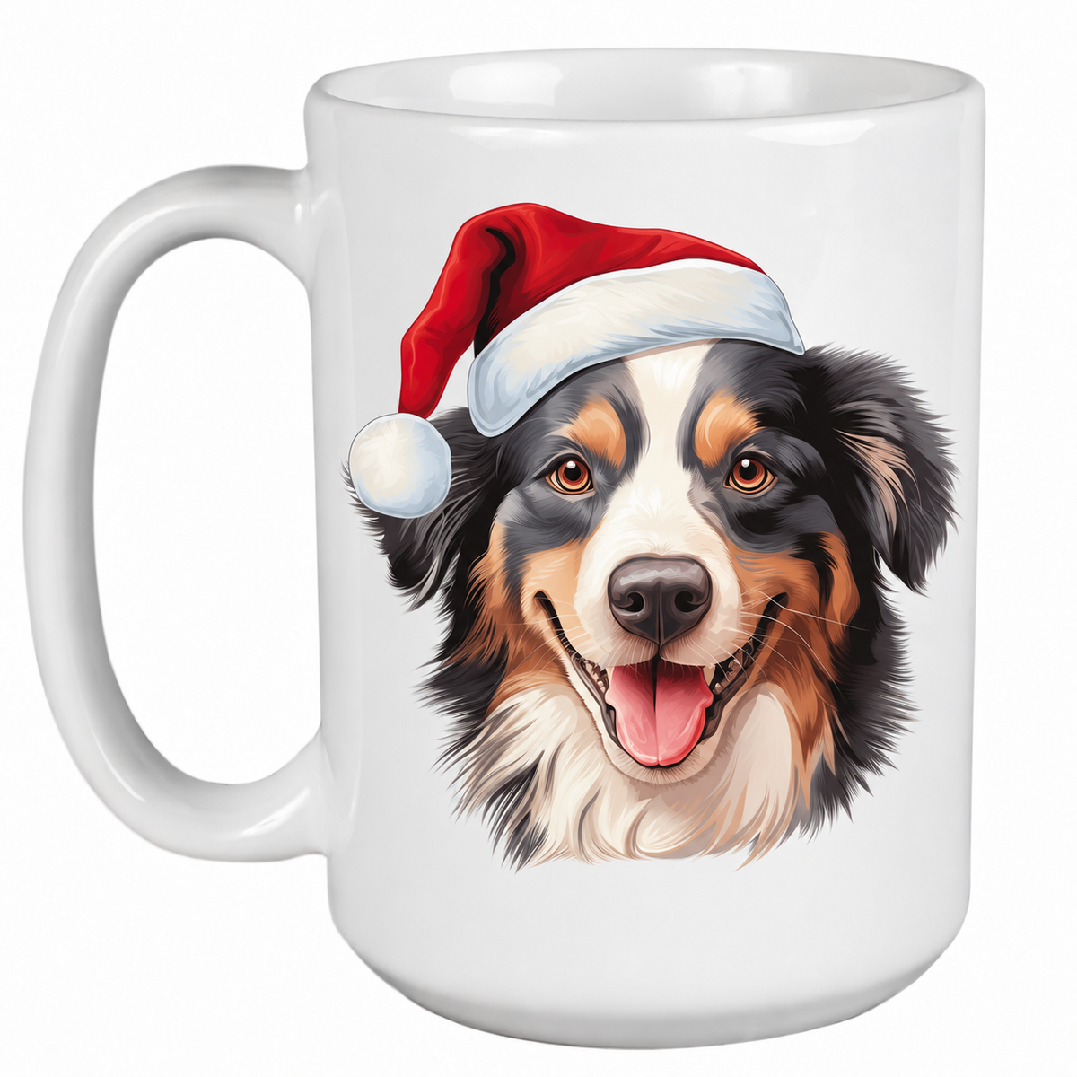 White Rescue Roast® 450ml Christmas mug with an Australian Shepherd wearing a Santa hat, no text
