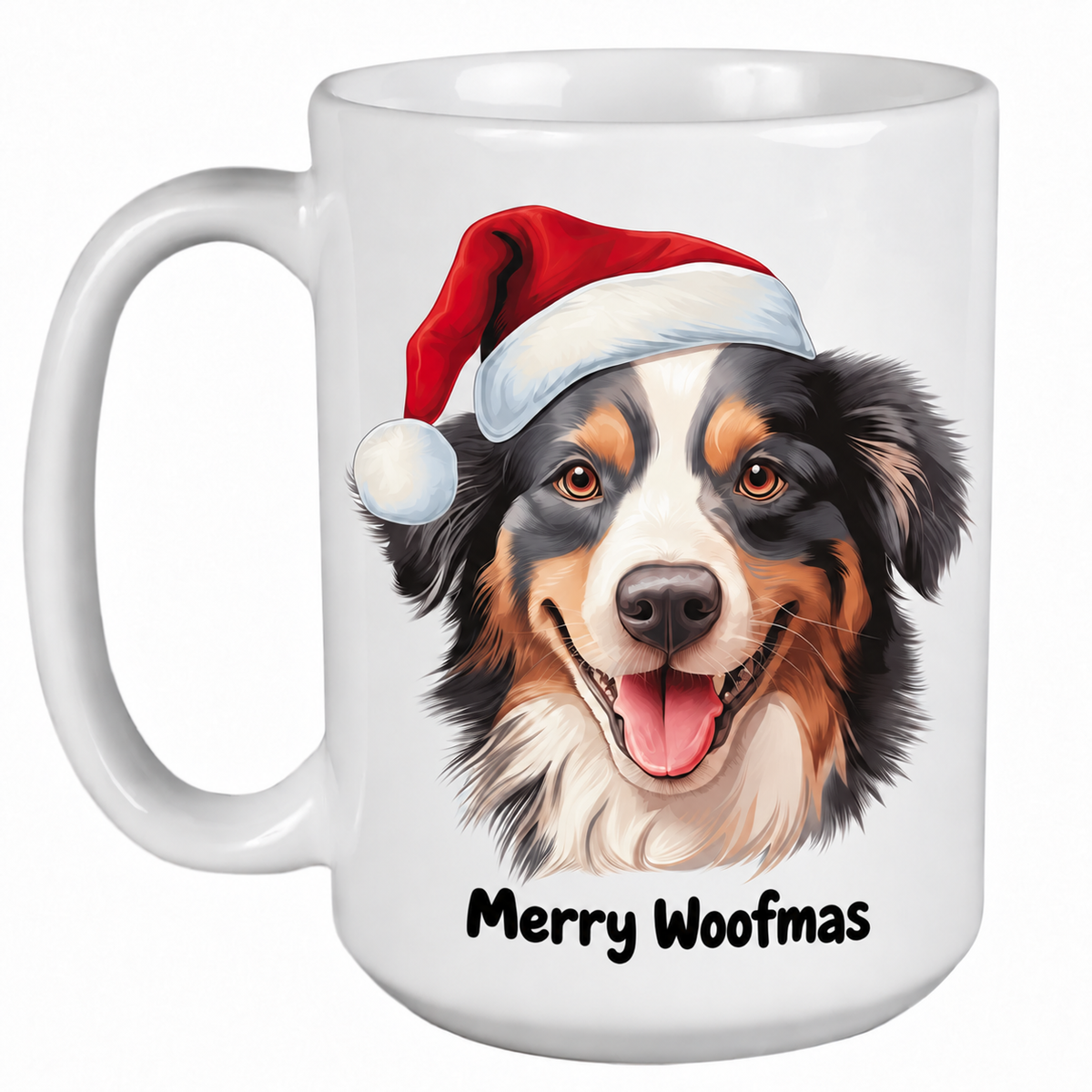 White Rescue Roast® 450ml Christmas mug with an Australian Shepherd wearing a Santa hat and the wording "Merry Woofmas"