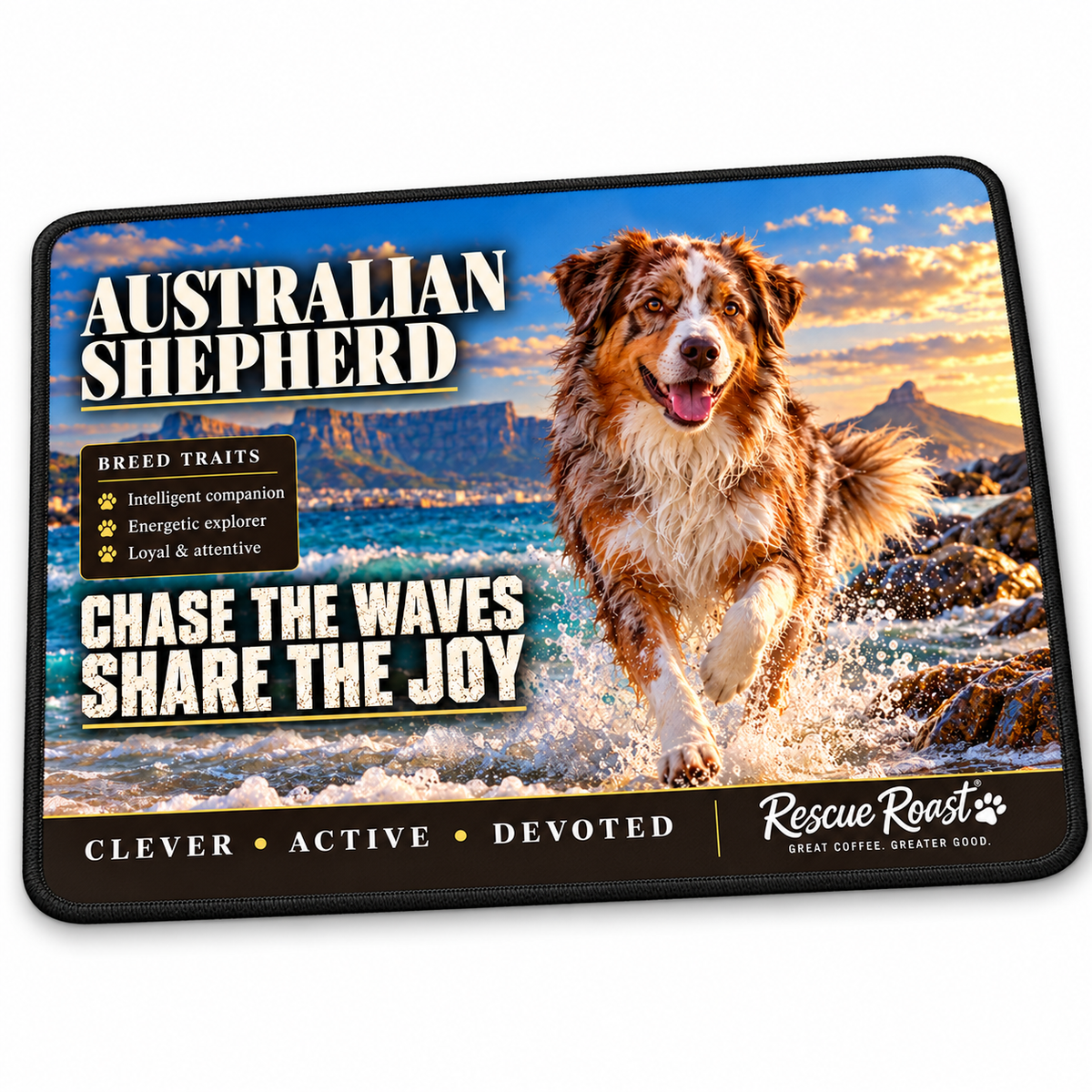 Rescue Roast® Australian Shepherd mousepad: Red merle Australian Shepherd running through sparkling surf, with the words “Chase the Waves, Share the Joy”