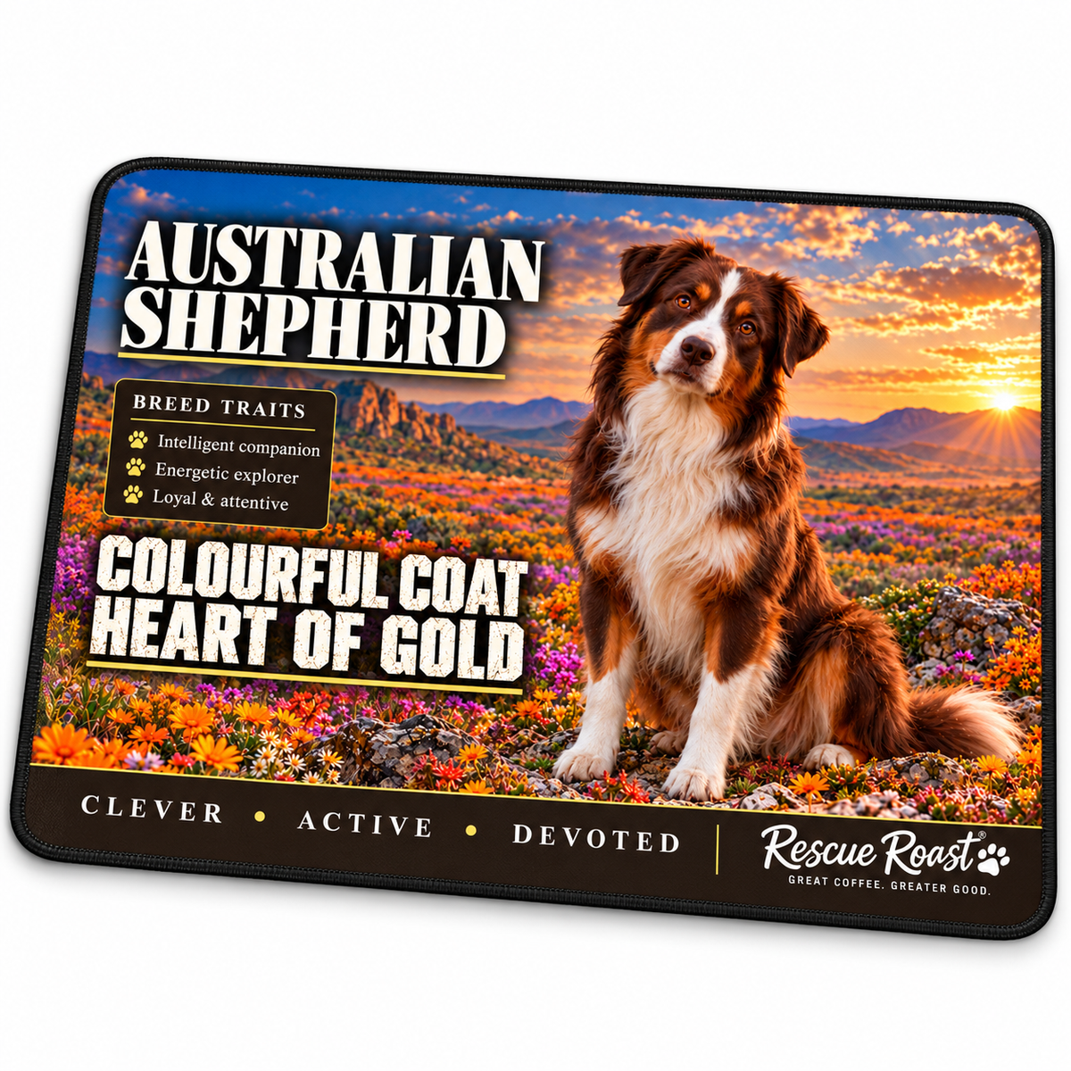 Rescue Roast® Australian Shepherd mousepad: Red tricolour Australian Shepherd sitting among colourful wildflowers, with the words “Colourful Coat, Heart of Gold”