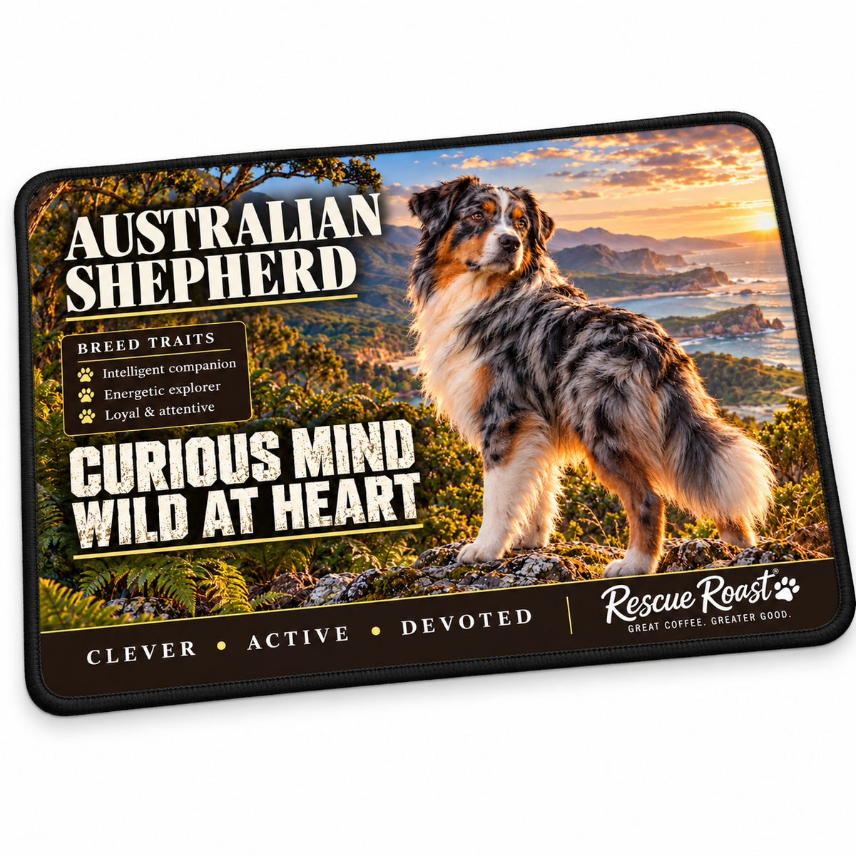 Rescue Roast® Australian Shepherd mousepad: Blue merle Australian Shepherd looking back from a leafy coastal lookout, with the words “Curious Mind, Wild at Heart”