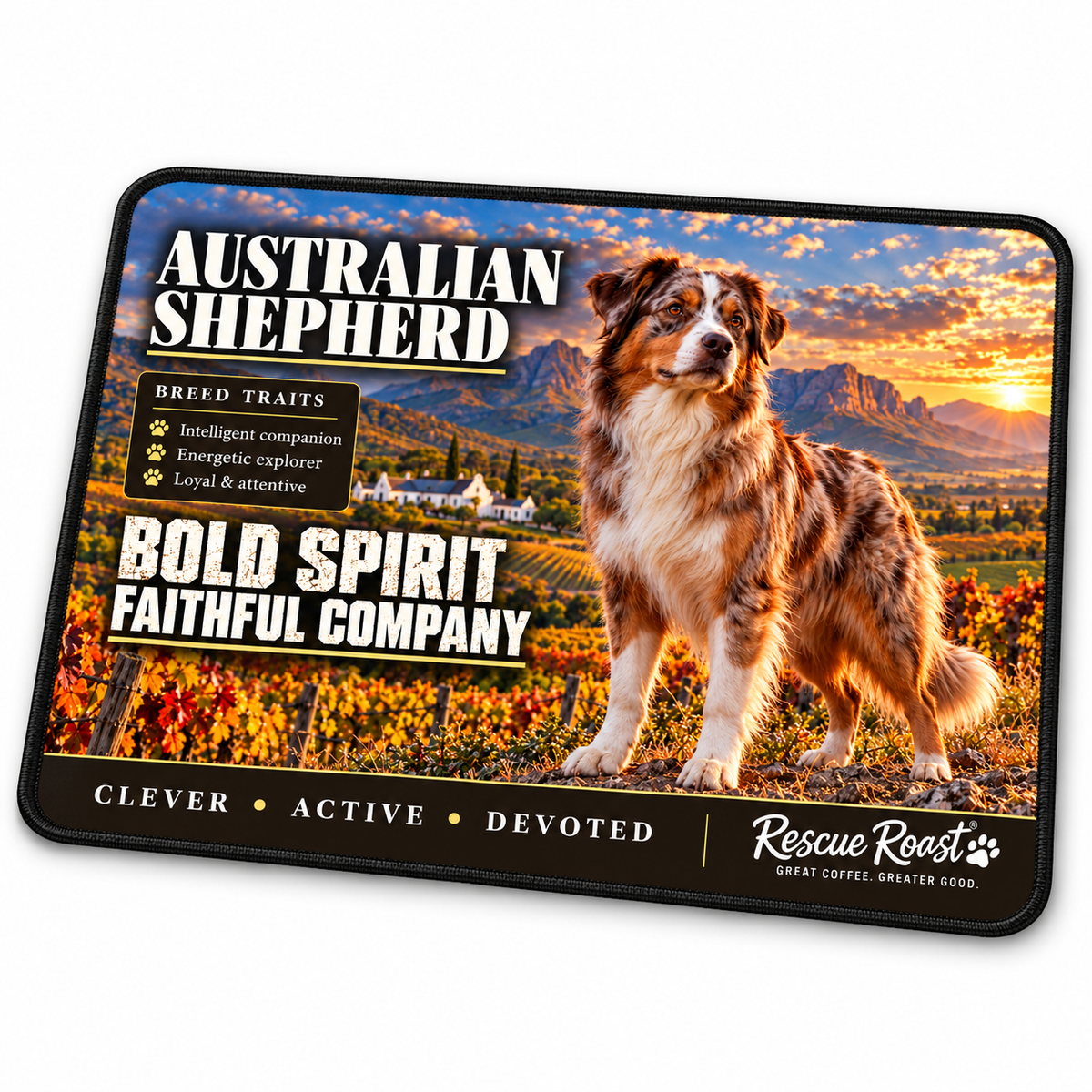 Rescue Roast® Australian Shepherd mousepad: Red merle Australian Shepherd standing above an autumn vineyard, with the words “Bold Spirit, Faithful Company”