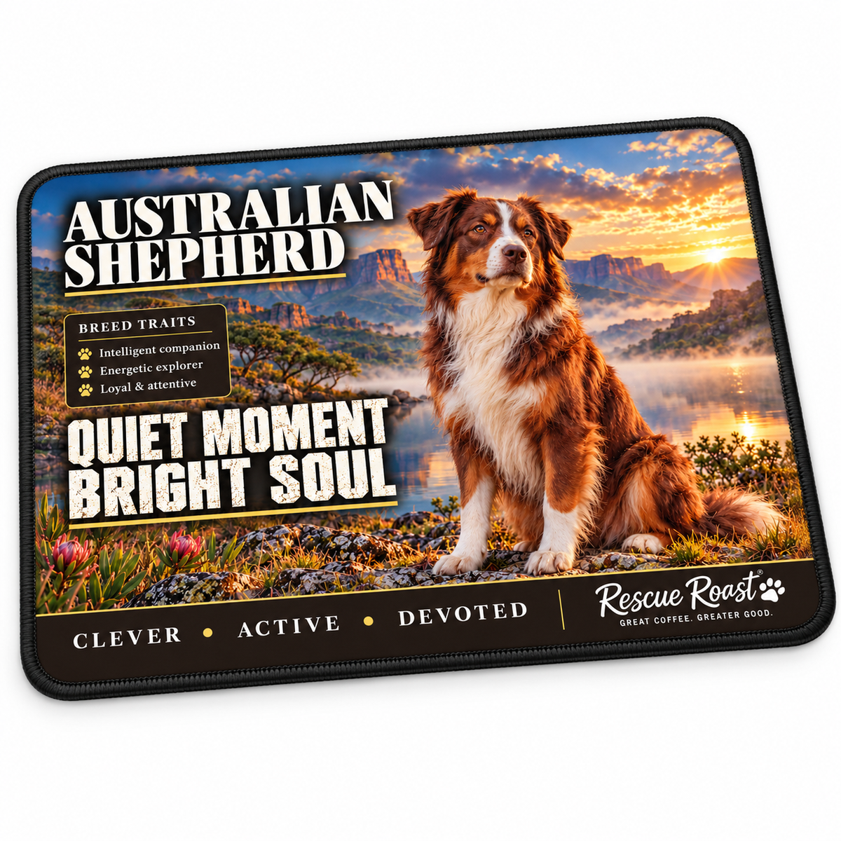 Rescue Roast® Australian Shepherd mousepad: Red tricolour Australian Shepherd sitting beside a misty mountain lake, with the words “Quiet Moment, Bright Soul”