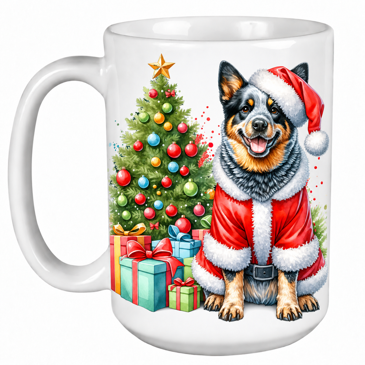 Rescue Roast® 450ml white Christmas mug featuring a Australian Cattle Dog beside a decorated Christmas tree