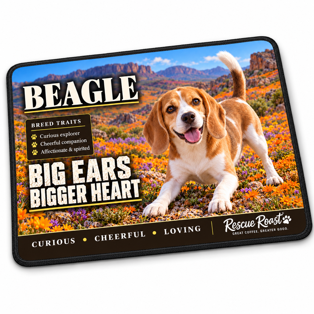 Rescue Roast® Beagle mousepad: Lemon-and-white Beagle in a playful bow among colourful wildflowers, with the words “Big Ears, Bigger Heart”