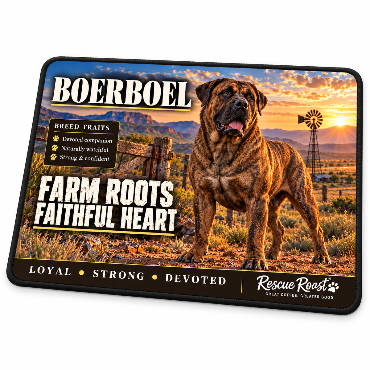 Rescue Roast® Boerboel mousepad: Brindle Boerboel beside a farm gate and windmill, with the words “Farm Roots, Faithful Heart”