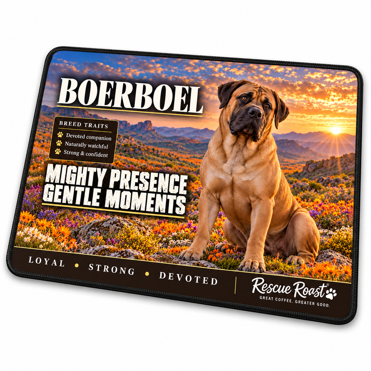 Rescue Roast® Boerboel mousepad: Fawn Boerboel sitting among colourful wildflowers, with the words “Mighty Presence, Gentle Moments”