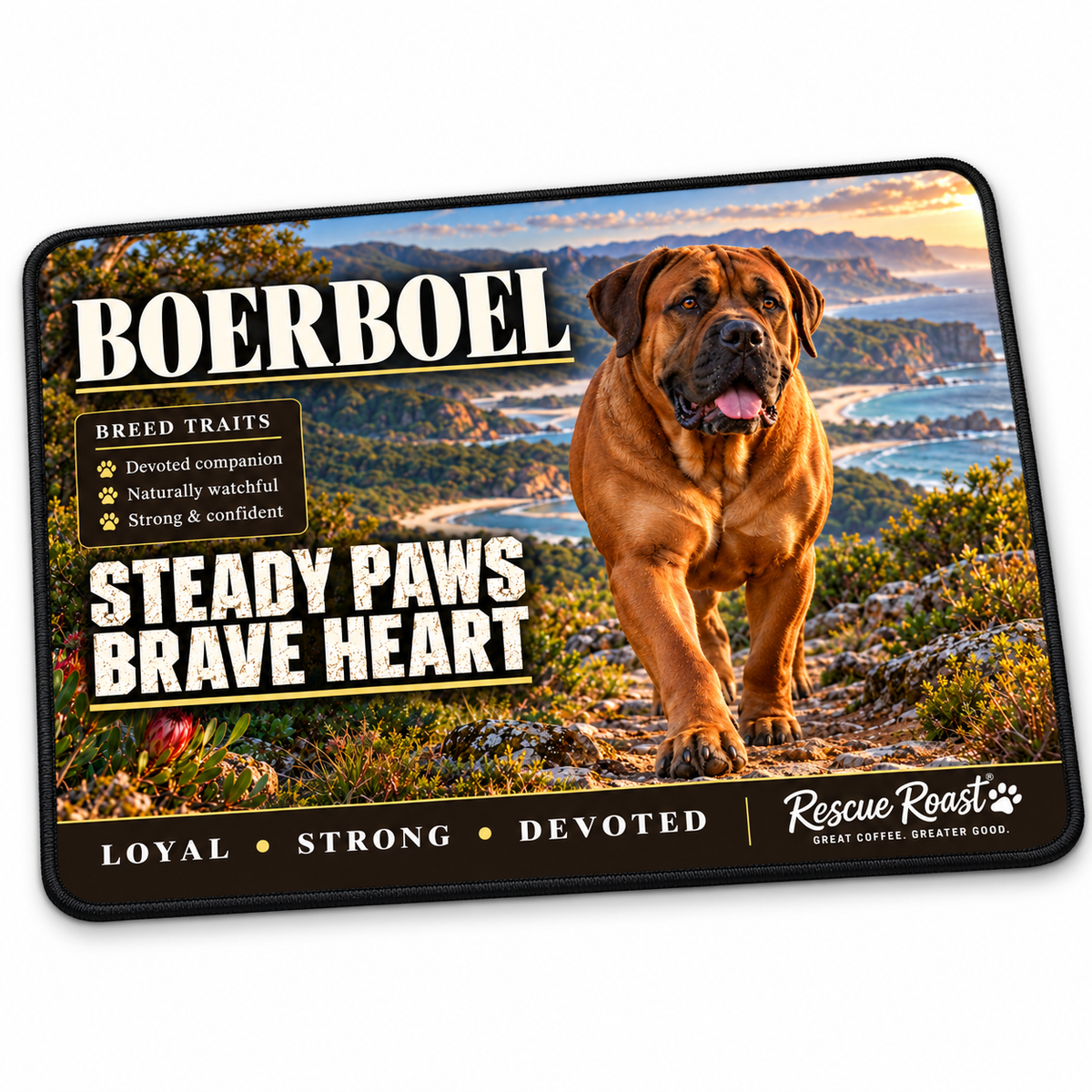 Rescue Roast® Boerboel mousepad: Fawn Boerboel walking along a coastal trail, with the words “Steady Paws, Brave Heart”