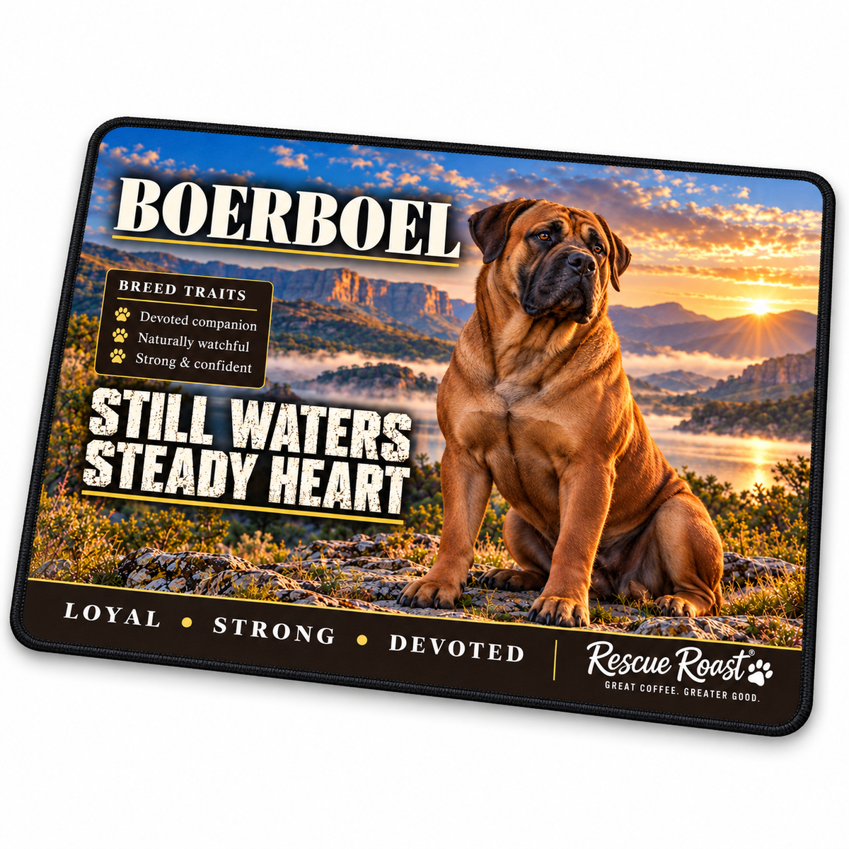 Rescue Roast® Boerboel mousepad: Fawn Boerboel sitting beside a misty mountain lake, with the words “Still Waters, Steady Heart”
