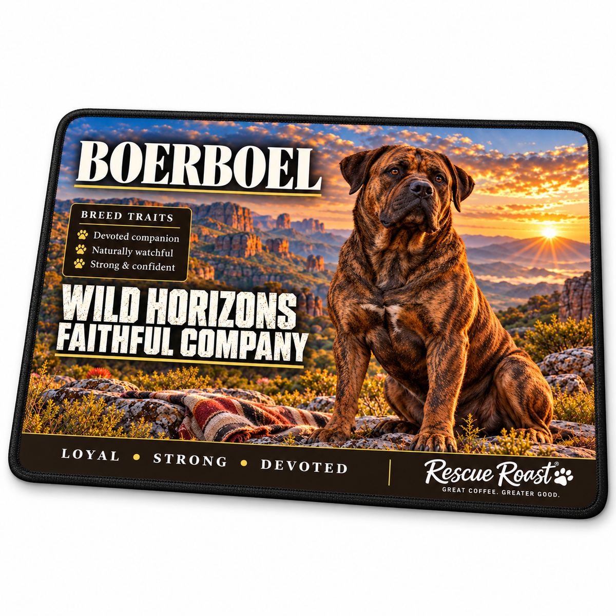 Rescue Roast® Boerboel mousepad: Brindle Boerboel beside a blanket in a mountain landscape, with the words “Wild Horizons, Faithful Company”