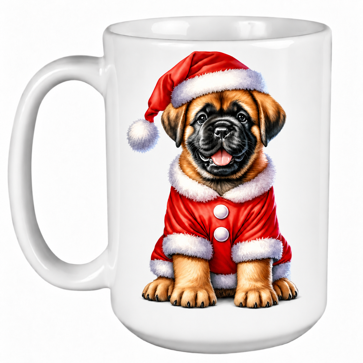 Rescue Roast® 450ml white Christmas mug featuring a Boerboel dressed as Santa’s little helper