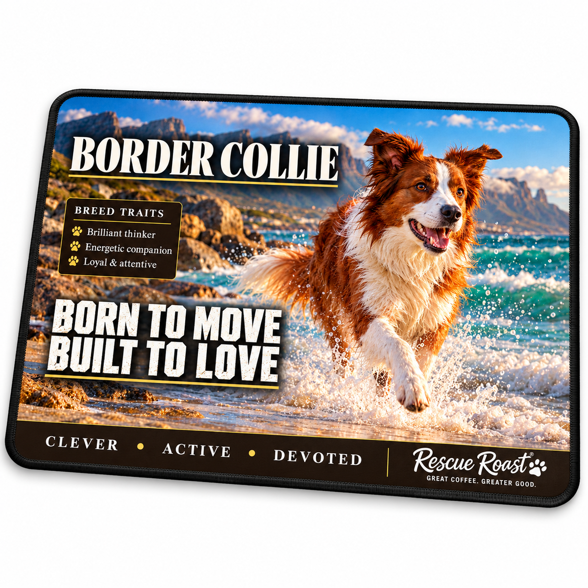 Rescue Roast® Border Collie mousepad: Red-and-white Border Collie splashing through turquoise surf, with the words “Born to Move, Built to Love”
