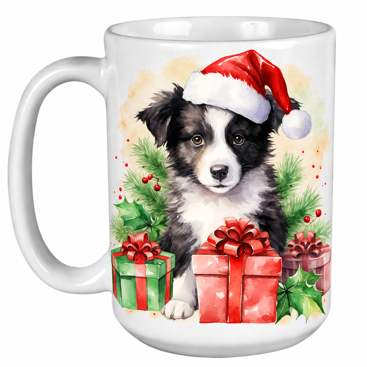 Rescue Roast® 450ml white Christmas mug featuring a Border Collie in a Santa hat surrounded by Christmas presents