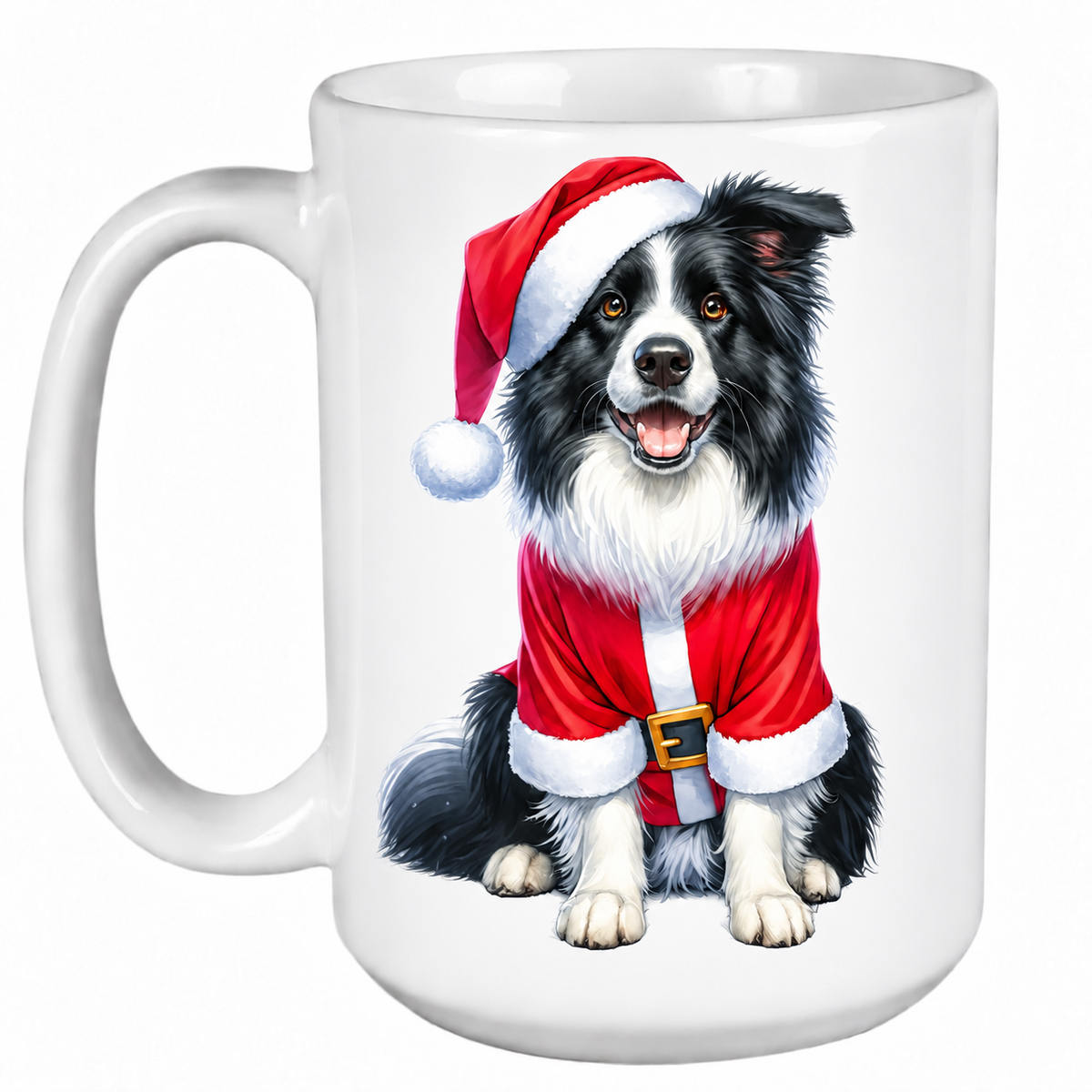 Rescue Roast® 450ml white Christmas mug featuring a Border Collie dressed as Santa’s little helper