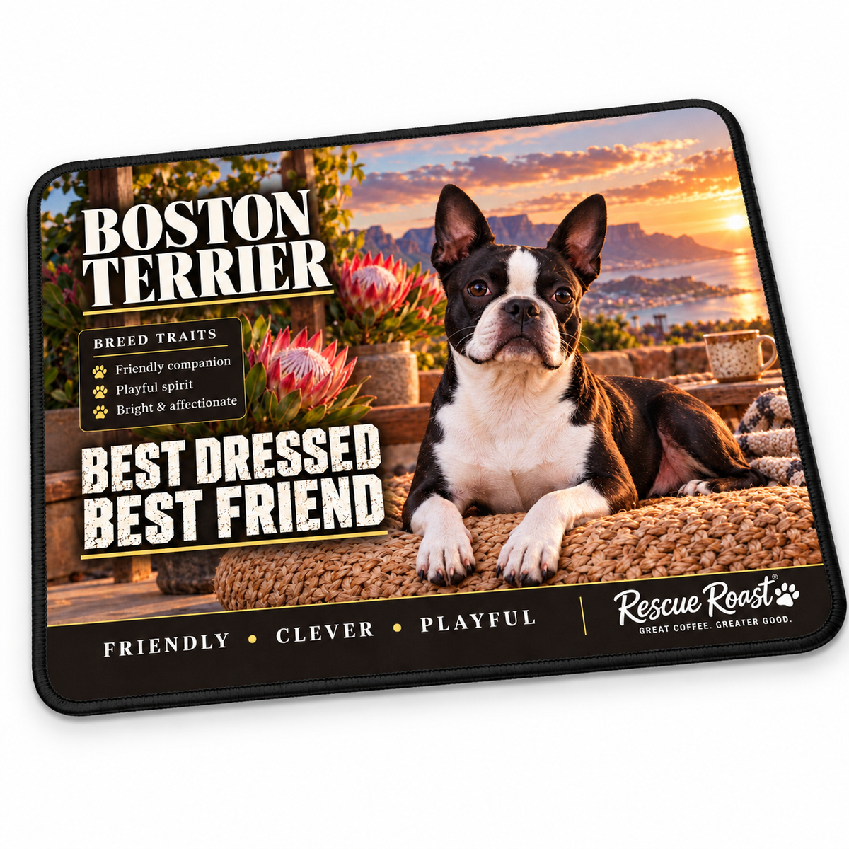 Rescue Roast® Boston Terrier mousepad — Best Dressed, Best Friend. A Boston Terrier lounges on a woven veranda cushion beside a coffee mug and proteas, with a sunset coastal mountain view.