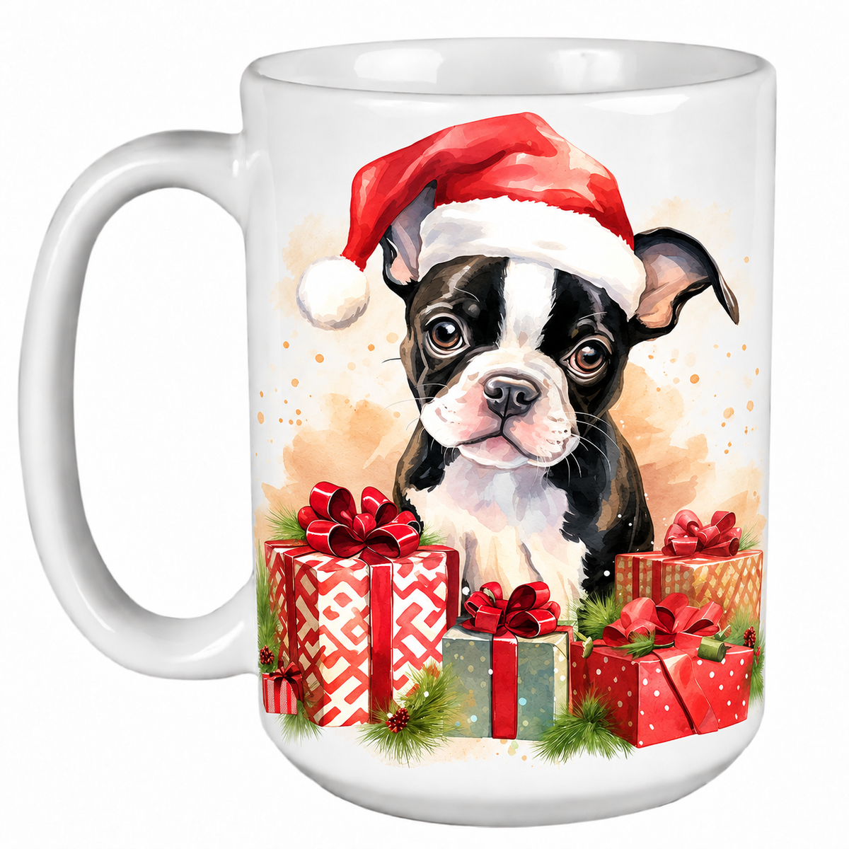 Rescue Roast® 450ml white Christmas mug featuring a Boston Terrier in a Santa hat surrounded by Christmas presents