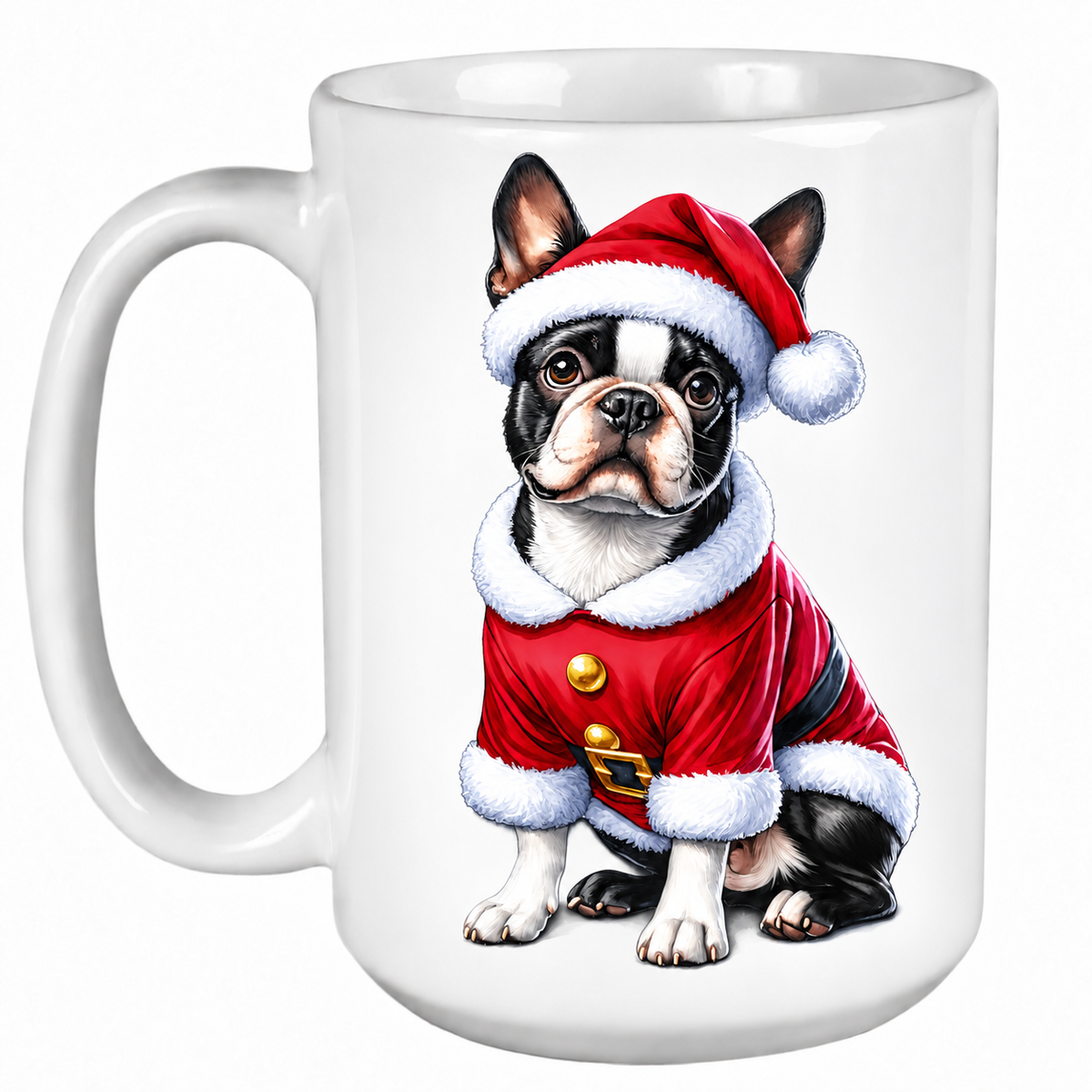 Rescue Roast® 450ml white Christmas mug featuring a Boston Terrier dressed as Santa’s little helper
