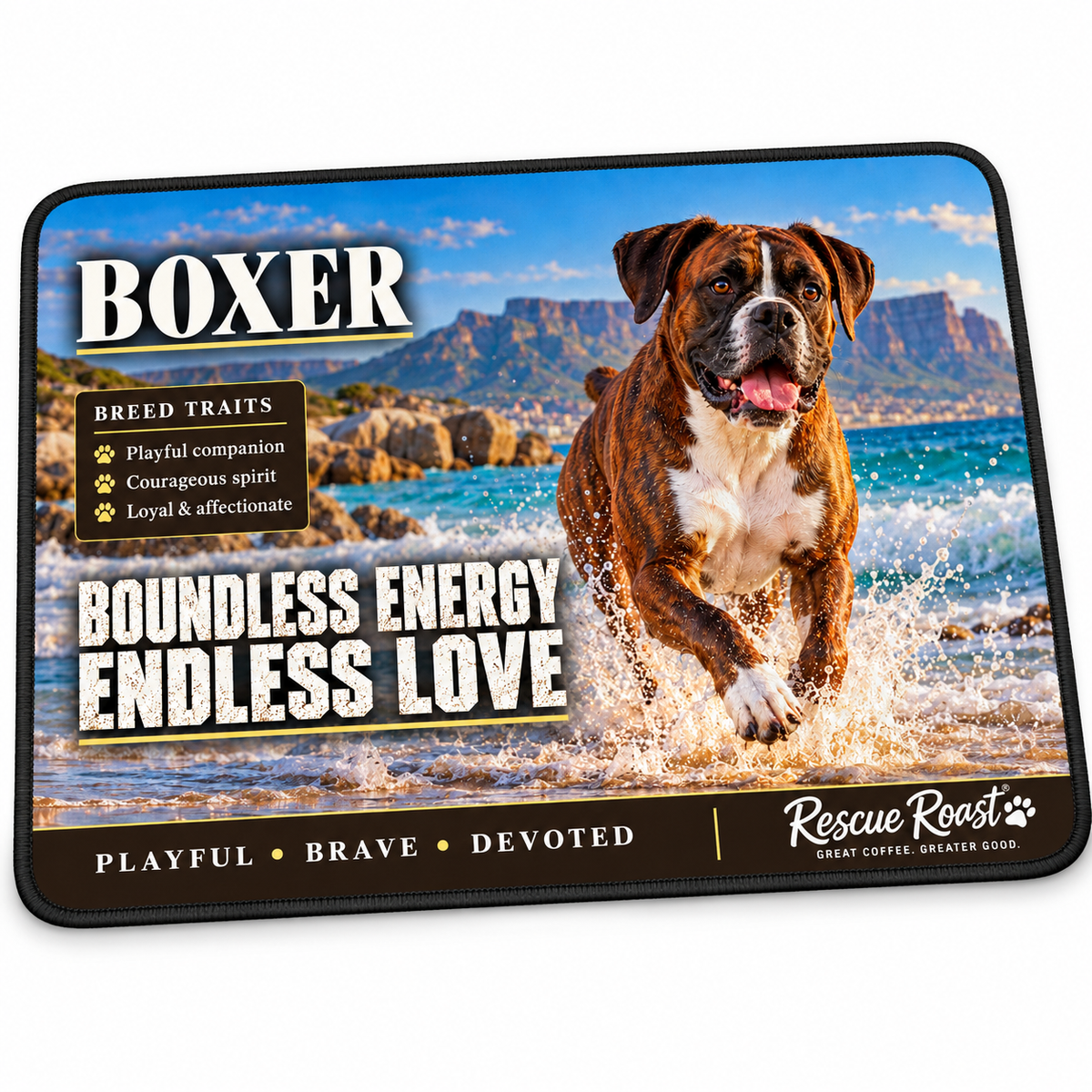 Rescue Roast® Boxer mousepad: Brindle Boxer running through sparkling beach surf, with the words “Boundless Energy, Endless Love”