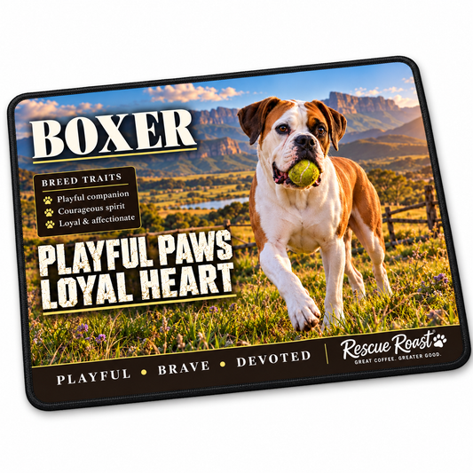 Rescue Roast® Boxer mousepad: White-and-fawn Boxer carrying a tennis ball across farmland, with the words “Playful Paws, Loyal Heart”