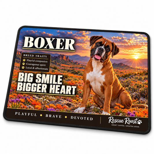 Rescue Roast® Boxer mousepad: Fawn Boxer sitting among colourful wildflowers at sunset, with the words “Big Smile, Bigger Heart”