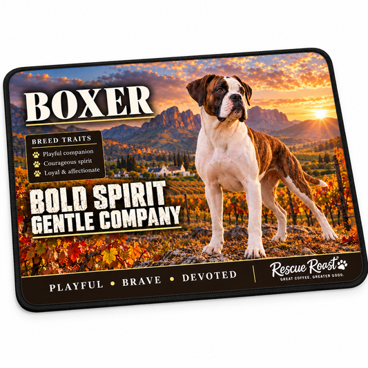 Rescue Roast® Boxer mousepad: White-and-brindle Boxer standing above an autumn vineyard, with the words “Bold Spirit, Gentle Company”