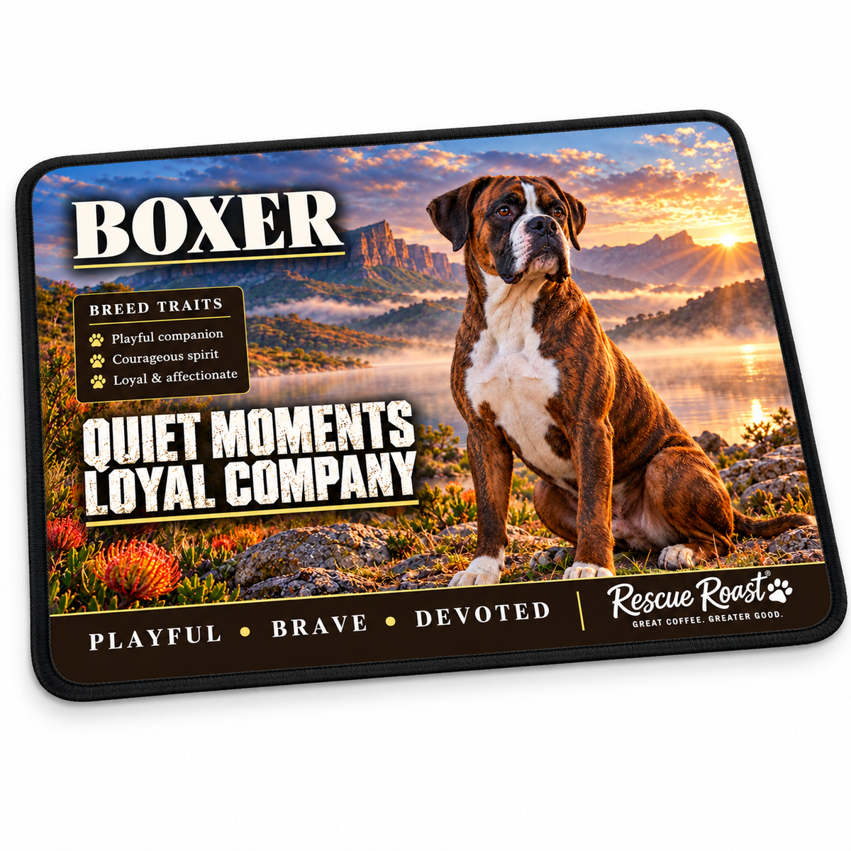 Rescue Roast® Boxer mousepad: Brindle Boxer sitting beside a misty lake at sunset, with the words “Quiet Moments, Loyal Company”