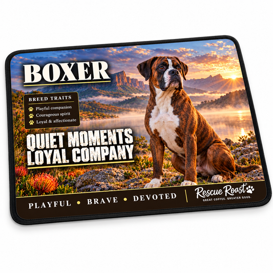 Rescue Roast® Boxer mousepad: Brindle Boxer sitting beside a misty lake at sunset, with the words “Quiet Moments, Loyal Company”