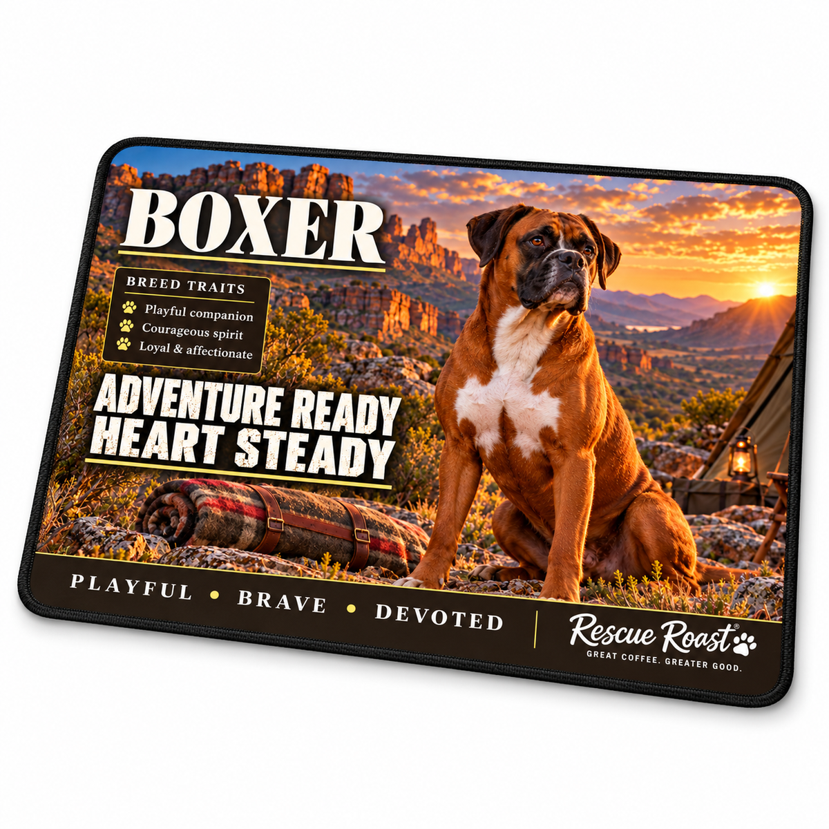 Rescue Roast® Boxer mousepad: Fawn Boxer beside a tent and rolled blanket at a mountain campsite, with the words “Adventure Ready, Heart Steady”