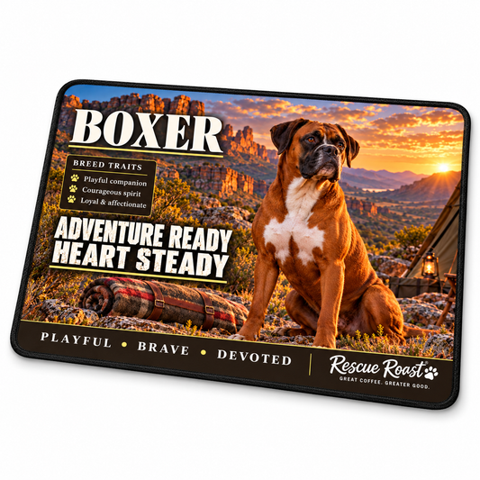 Rescue Roast® Boxer mousepad: Fawn Boxer beside a tent and rolled blanket at a mountain campsite, with the words “Adventure Ready, Heart Steady”