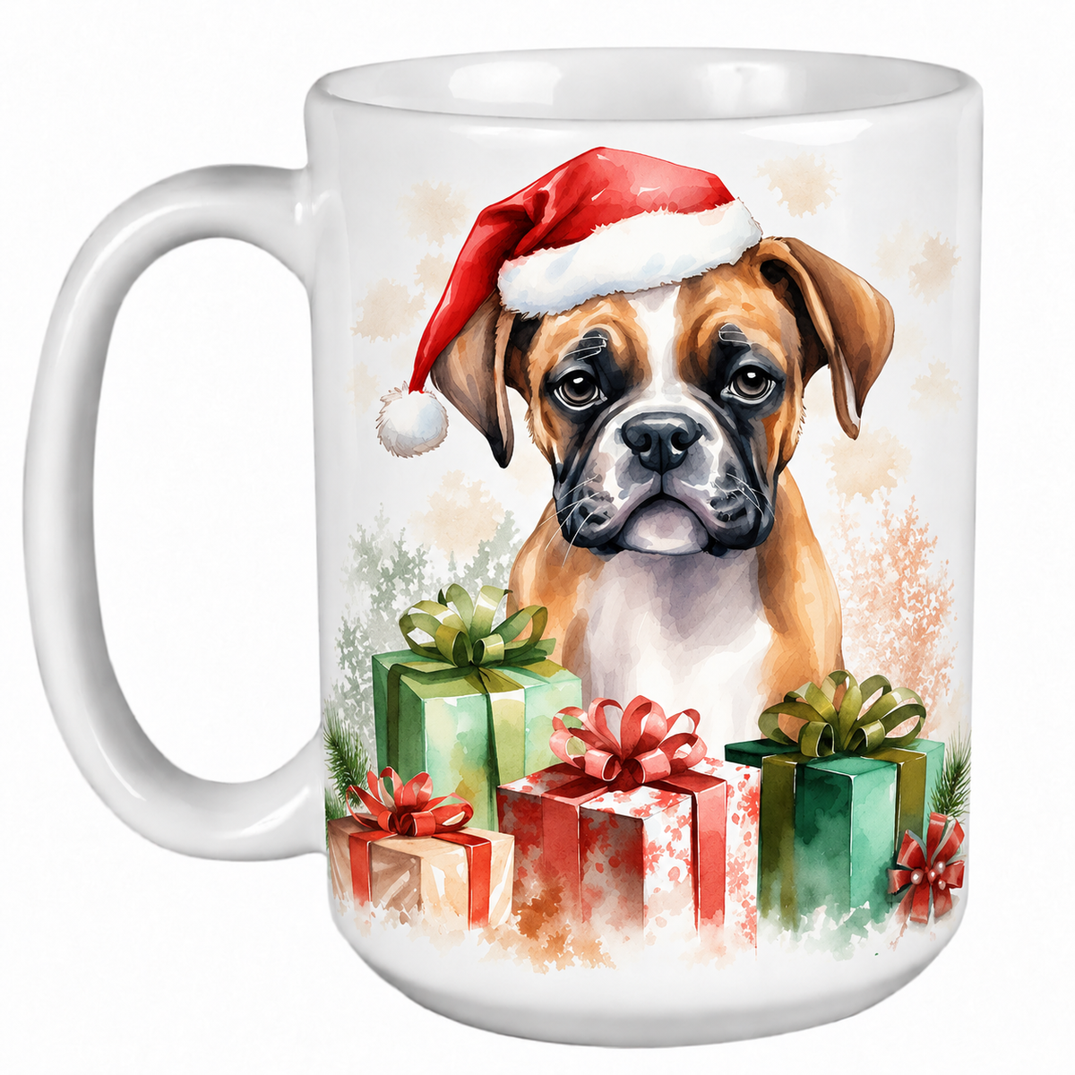 Rescue Roast® 450ml white Christmas mug featuring a Boxer in a Santa hat surrounded by Christmas presents