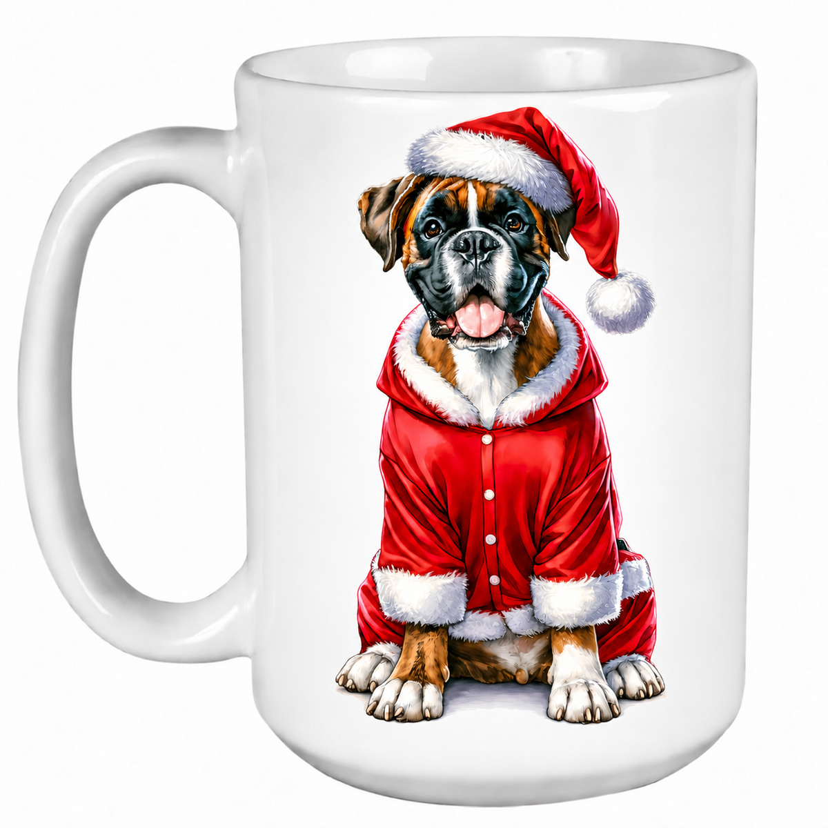 Rescue Roast® 450ml white Christmas mug featuring a Boxer dressed as Santa’s little helper