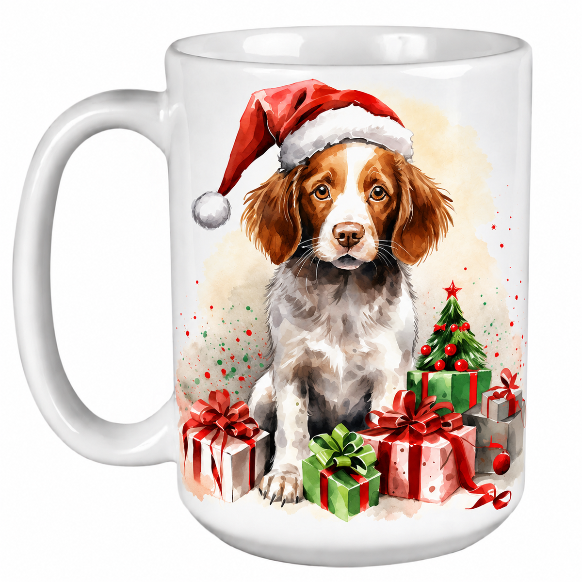 Rescue Roast® 450ml white Christmas mug featuring a Brittany Spaniel in a Santa hat surrounded by Christmas presents