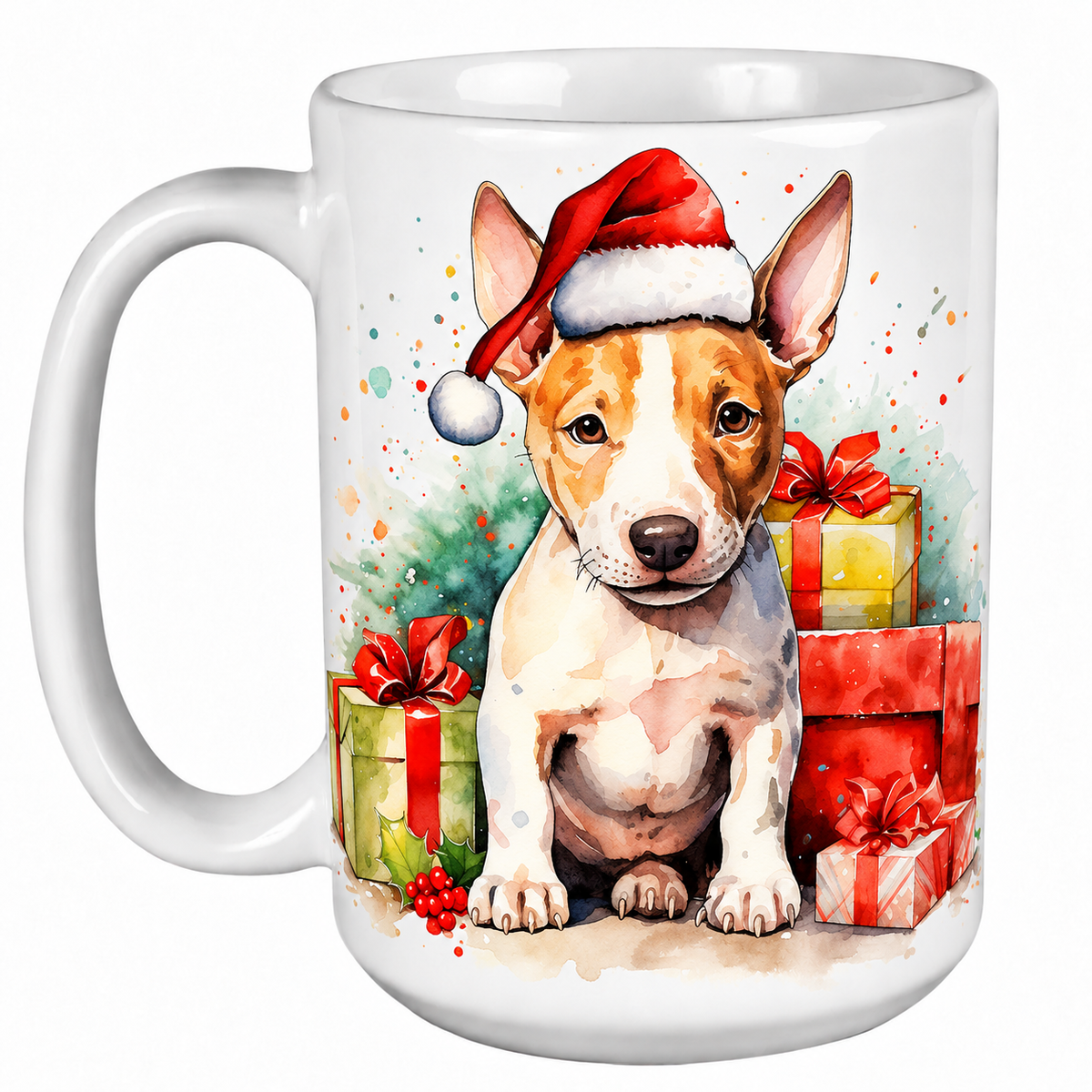 Rescue Roast® 450ml white Christmas mug featuring a Bull Terrier in a Santa hat surrounded by Christmas presents