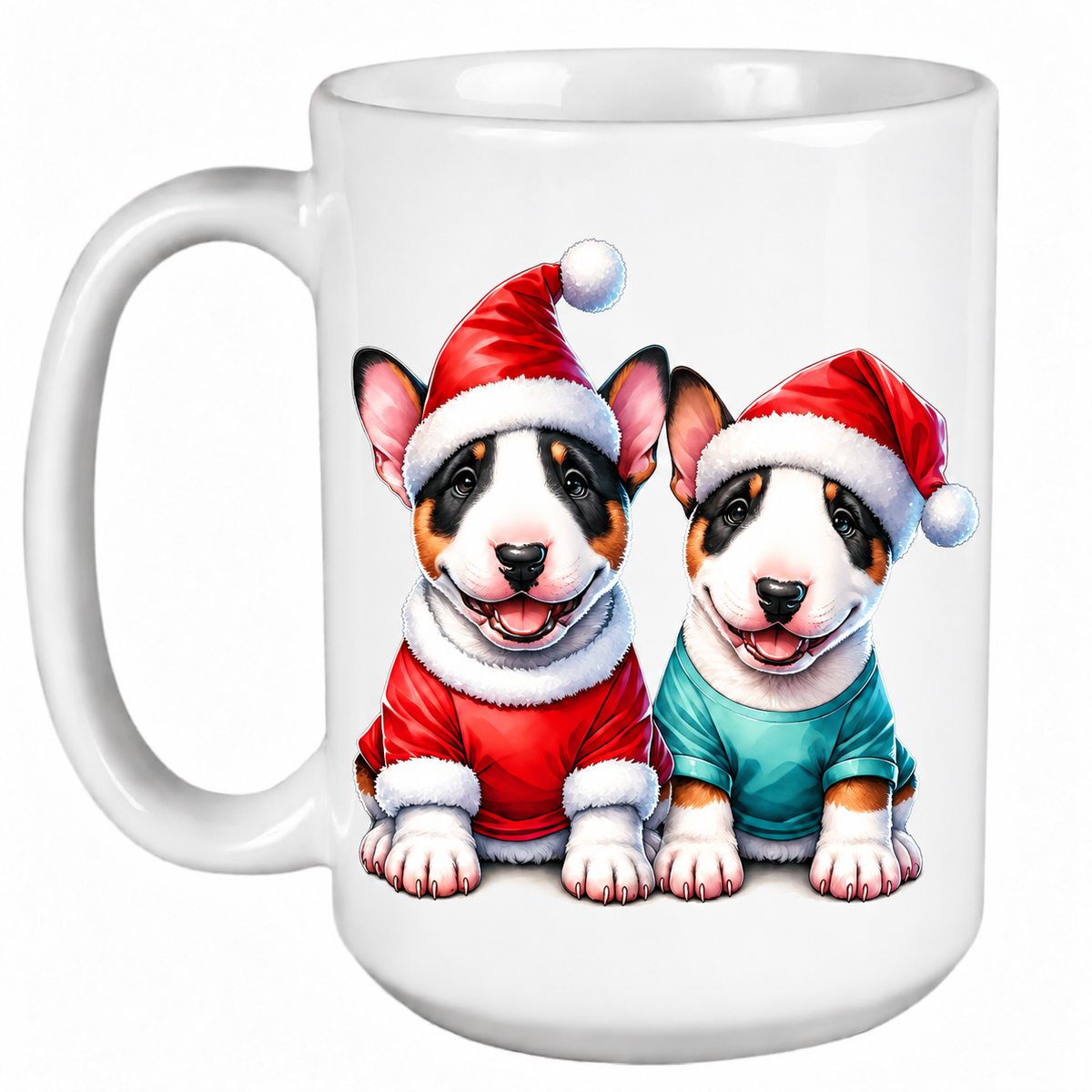 Rescue Roast® 450ml white Christmas mug featuring a Bull Terrier dressed as Santa’s little helper