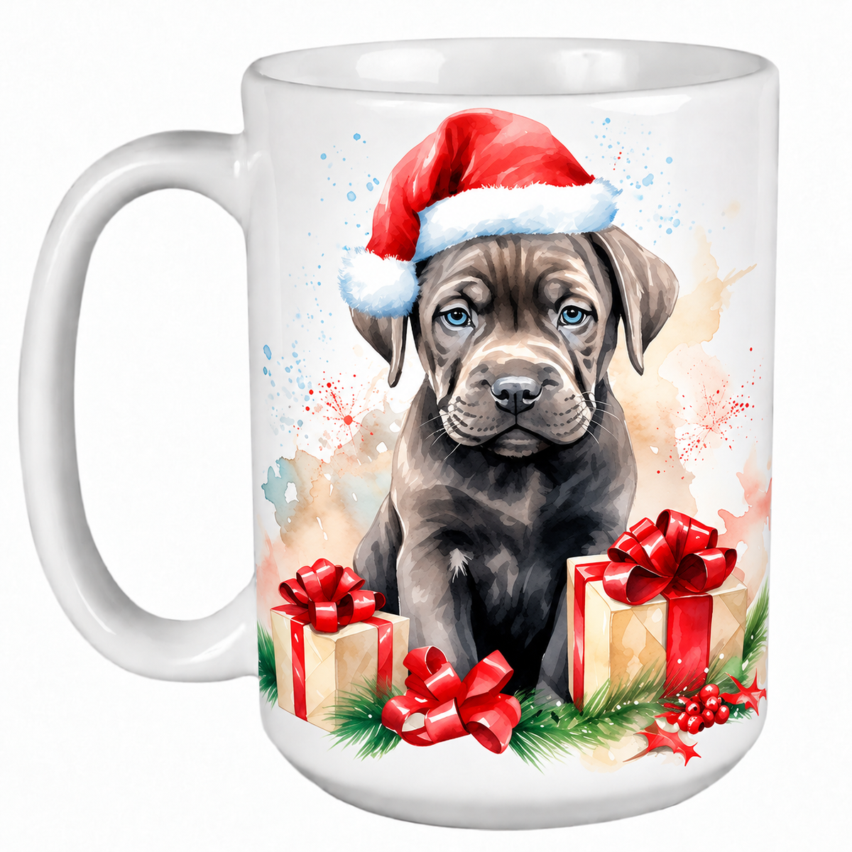 Rescue Roast® 450ml white Christmas mug featuring a Cane Corso in a Santa hat surrounded by Christmas presents
