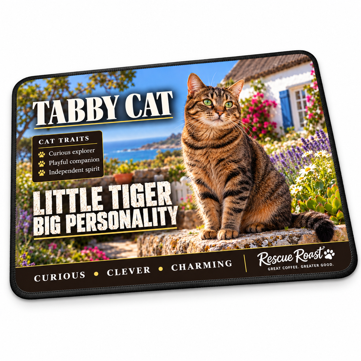 Rescue Roast Tabby Cat mousepad: A brown tabby sits on a stone wall in a sunny flower garden beside a blue-shuttered cottage, with the sea beyond. Printed slogan: Little Tiger, Big Personality.