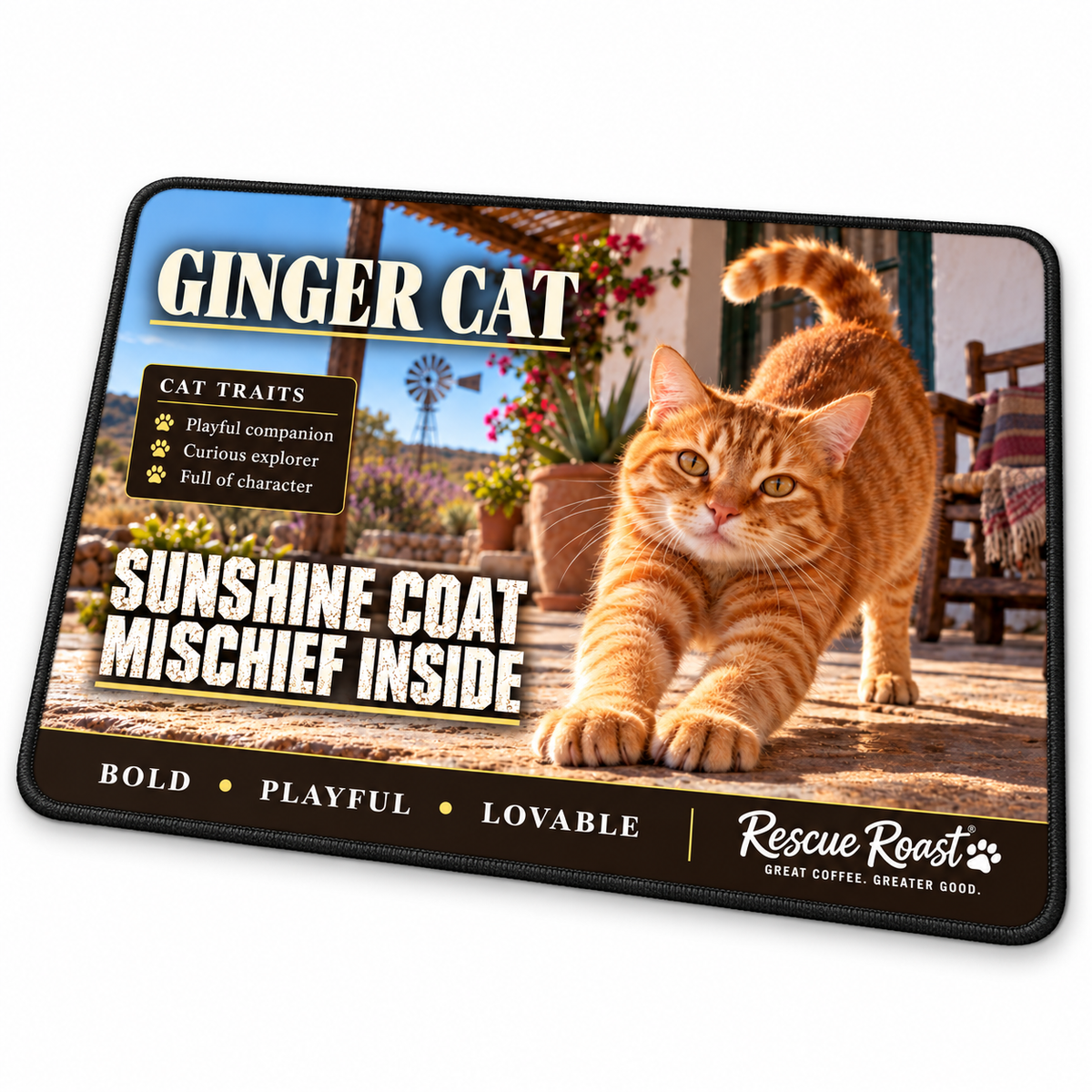 Rescue Roast Ginger Cat mousepad: A ginger tabby stretches forward on a sunlit rustic stoep, surrounded by pots and flowers with a windmill beyond. Printed slogan: Sunshine Coat, Mischief Inside.