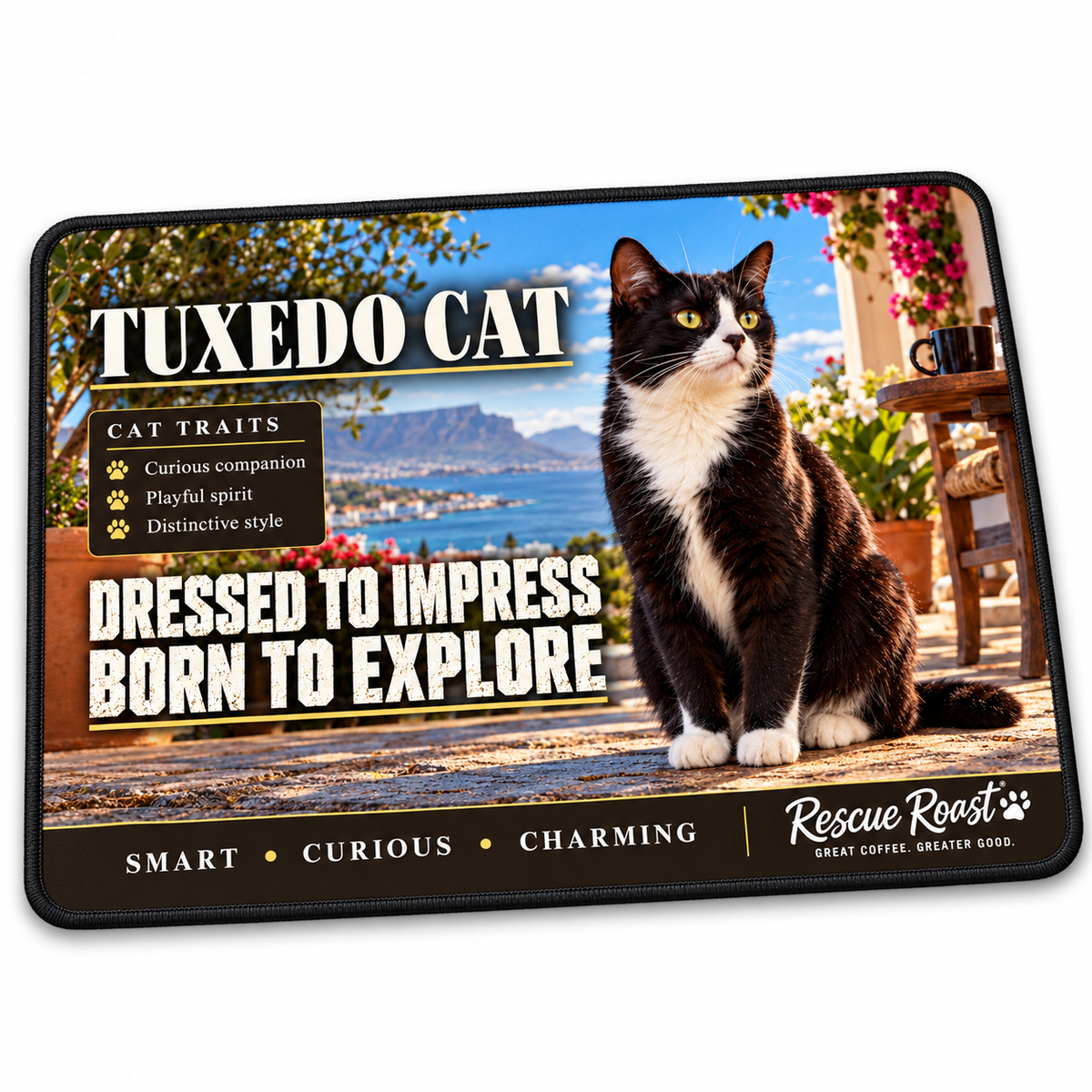 Rescue Roast Tuxedo Cat mousepad: A black-and-white tuxedo cat sits on a sunny terrace, with a coffee mug, flowers and a coastal mountain view. Printed slogan: Dressed to Impress, Born to Explore.
