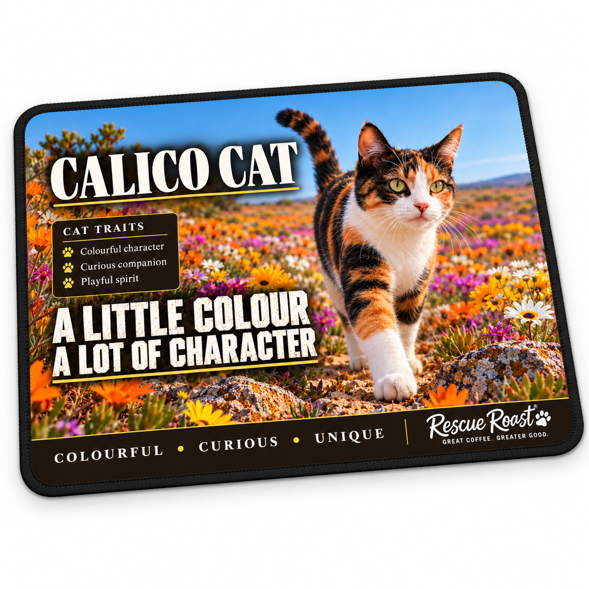 Rescue Roast Calico Cat mousepad: A calico cat walks through colourful wildflowers beneath a clear blue sky. Printed slogan: A Little Colour, A Lot of Character.