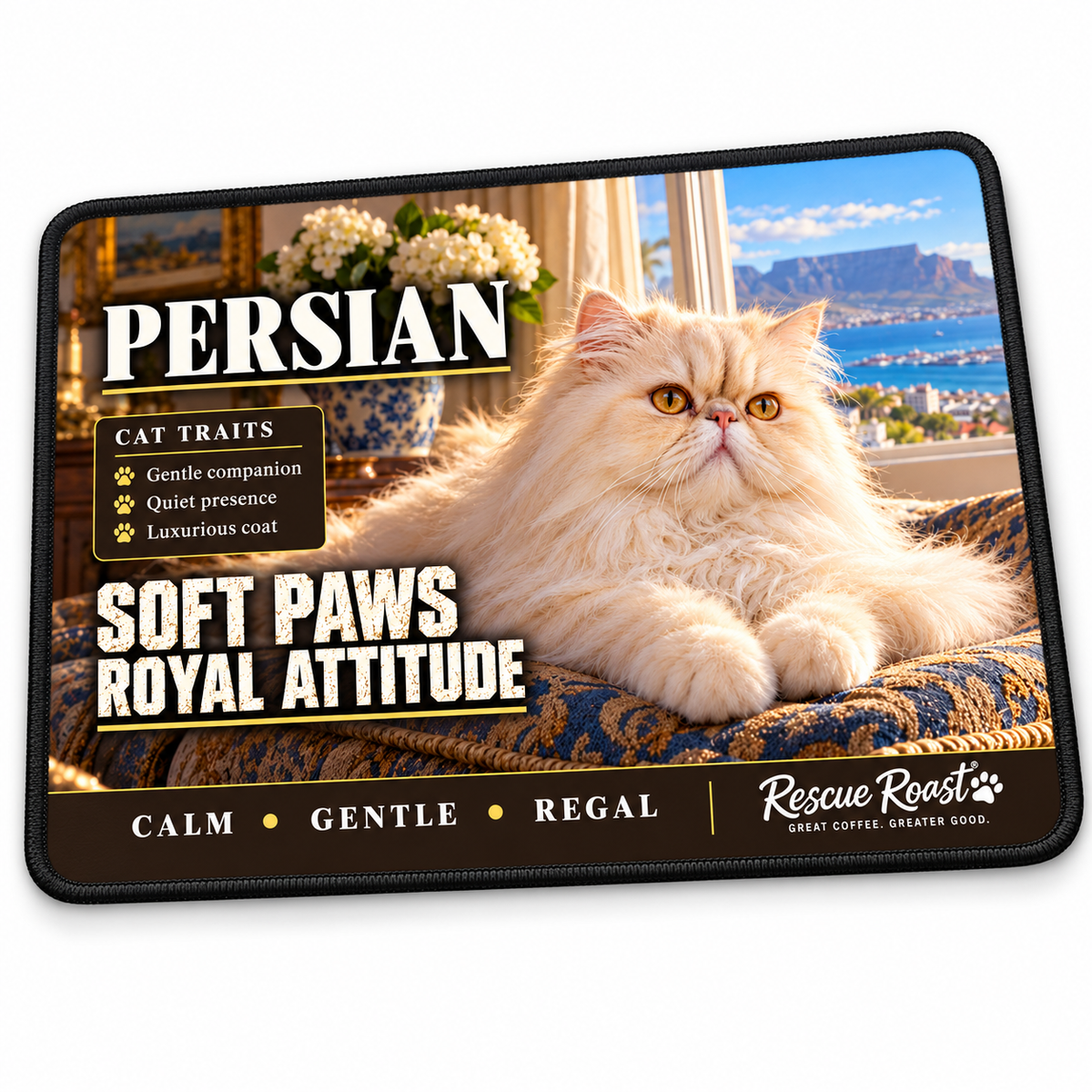Rescue Roast Persian mousepad: A cream longhaired Persian reclines on an ornate blue-and-gold cushion in a sunny room overlooking a coastal mountain vista. Printed slogan: Soft Paws, Royal Attitude.