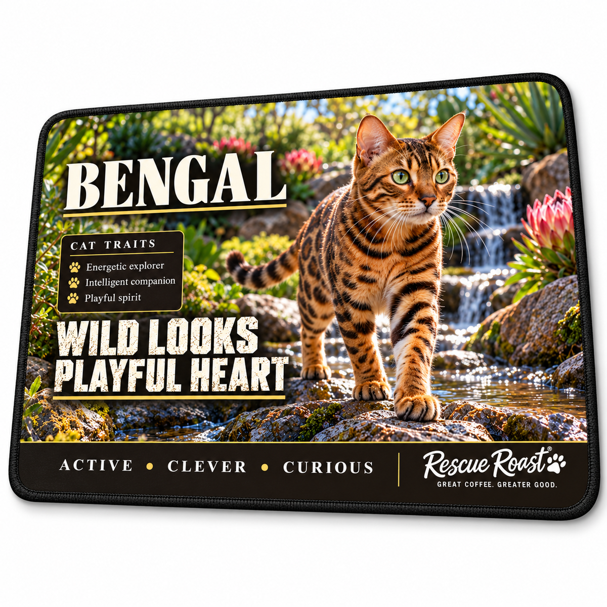 Rescue Roast Bengal mousepad: A green-eyed, rosetted Bengal steps across rocks beside a garden cascade, surrounded by proteas and greenery. Printed slogan: Wild Looks, Playful Heart.