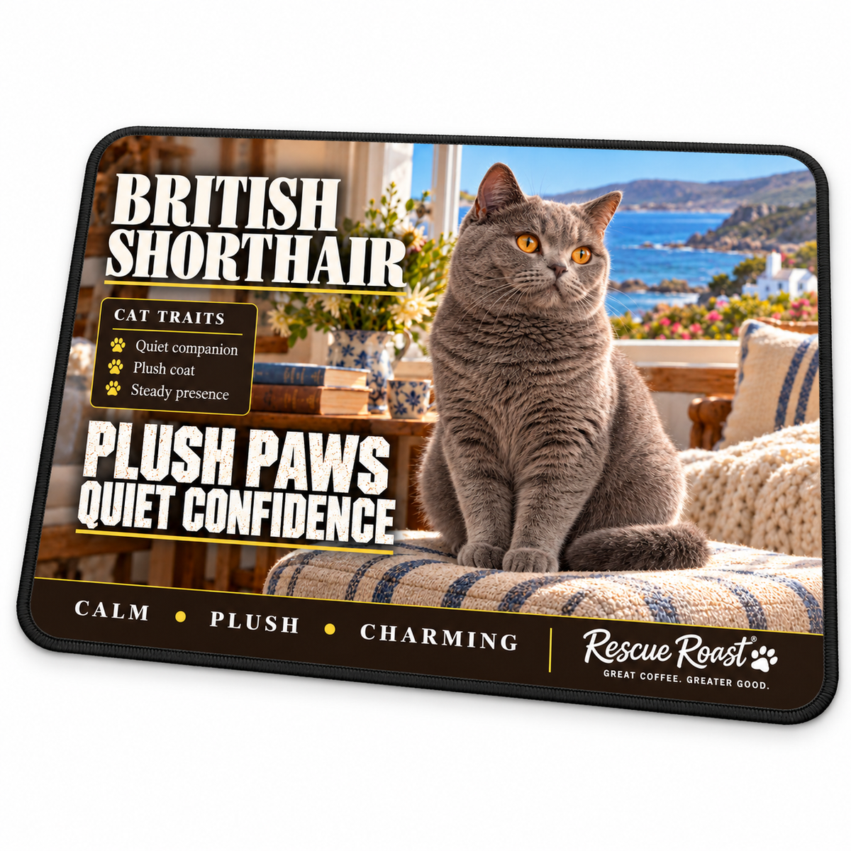 Rescue Roast British Shorthair mousepad: A grey British Shorthair with amber eyes sits on a woven chair beside books and flowers, with a bright coastal view through the window. Printed slogan: Plush Paws, Quiet Confidence.