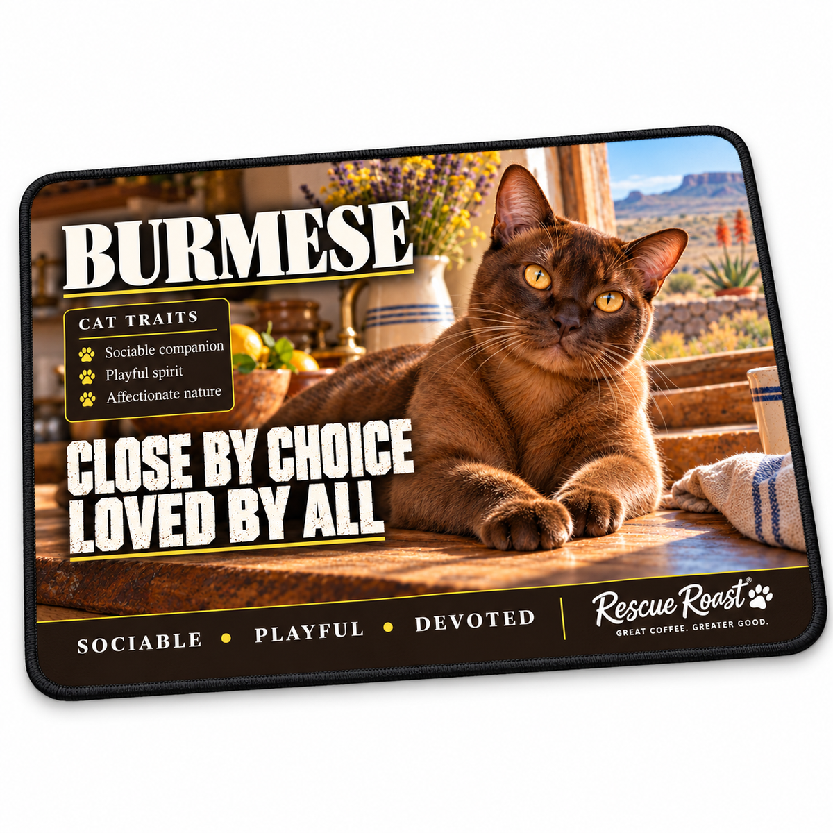 Rescue Roast Burmese mousepad: A brown Burmese with golden eyes rests on a sunlit rustic kitchen counter beside flowers, a mug and a folded towel. Printed slogan: Close by Choice, Loved by All.