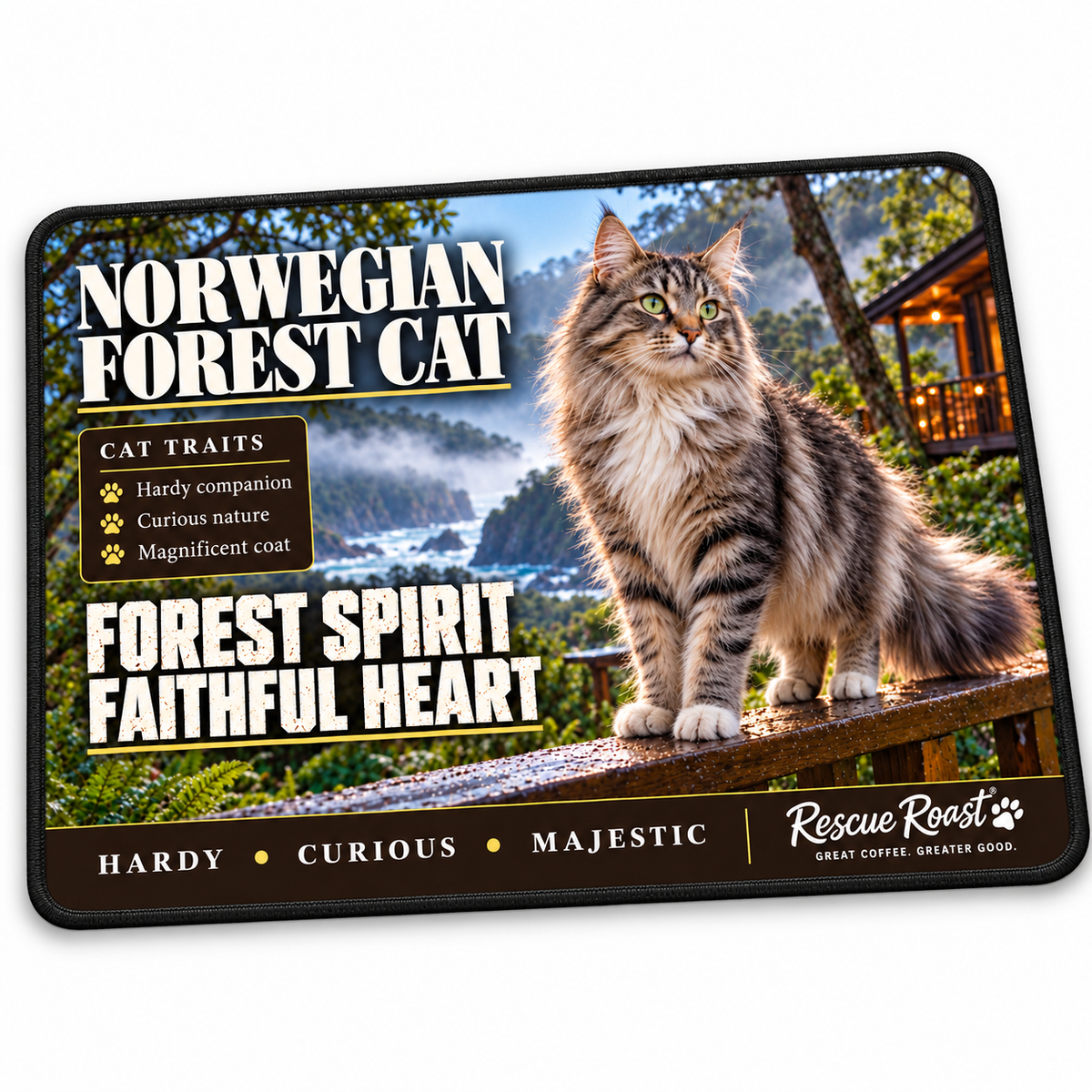 Rescue Roast Norwegian Forest Cat mousepad: A longhaired Norwegian Forest Cat stands on a wooden railing beside a forest lodge, overlooking a misty, rocky coastline. Printed slogan: Forest Spirit, Faithful Heart.