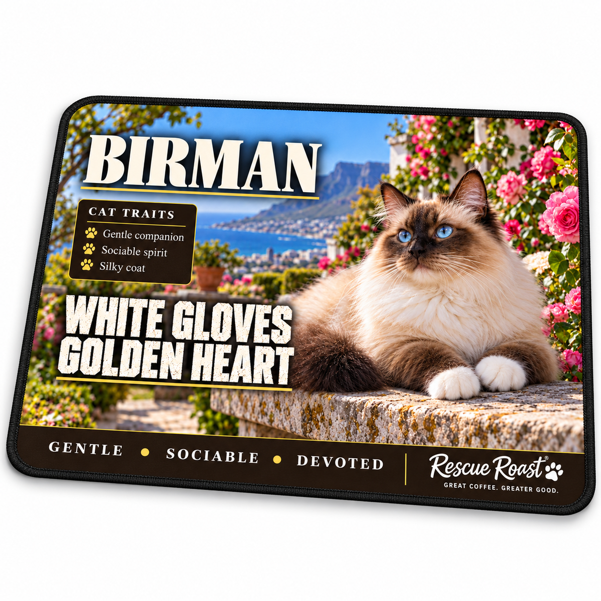 Rescue Roast Birman mousepad: A blue-eyed Birman with white paws rests on a stone garden wall among pink roses, overlooking the sea and a coastal mountain. Printed slogan: White Gloves, Golden Heart.